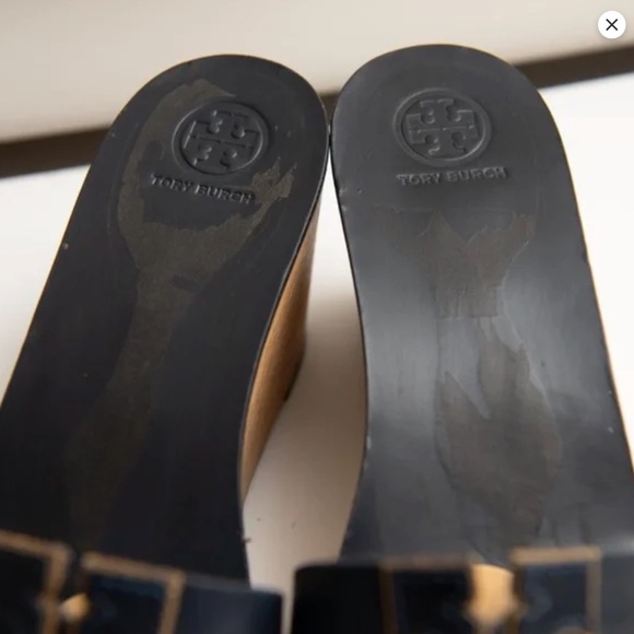 Tory Burch Wedge Leather Wood Platform Sandals LOGO Size 9 Slip On Heels - Picture 3 of 7